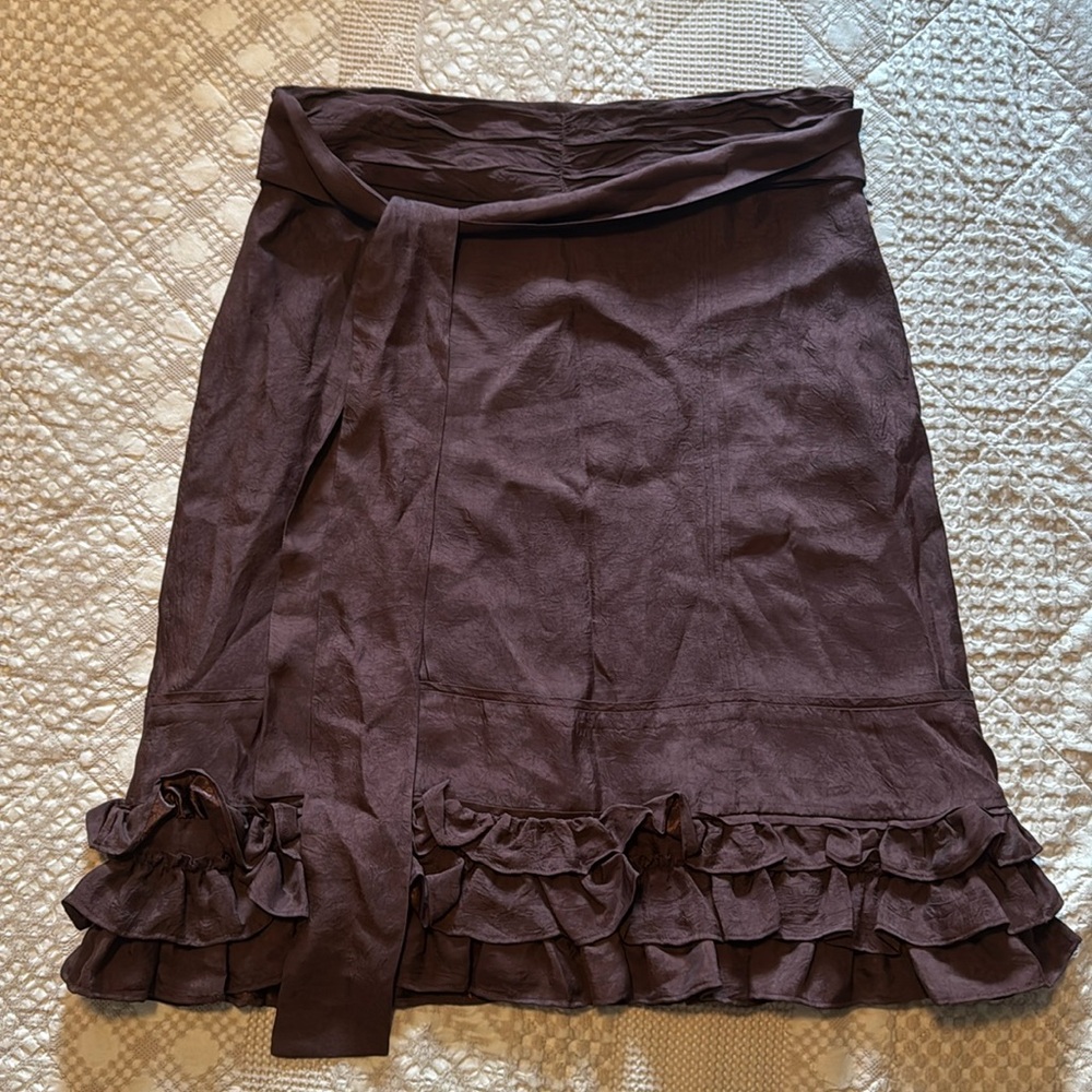 Anthropologie Brown Wrap Skirt Knee-Length Ruffled